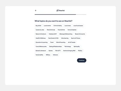 Nearlist - Onboarding Page branding button dashboard design groups icon label logo onboarding stepper steps tab ui ux webapp website