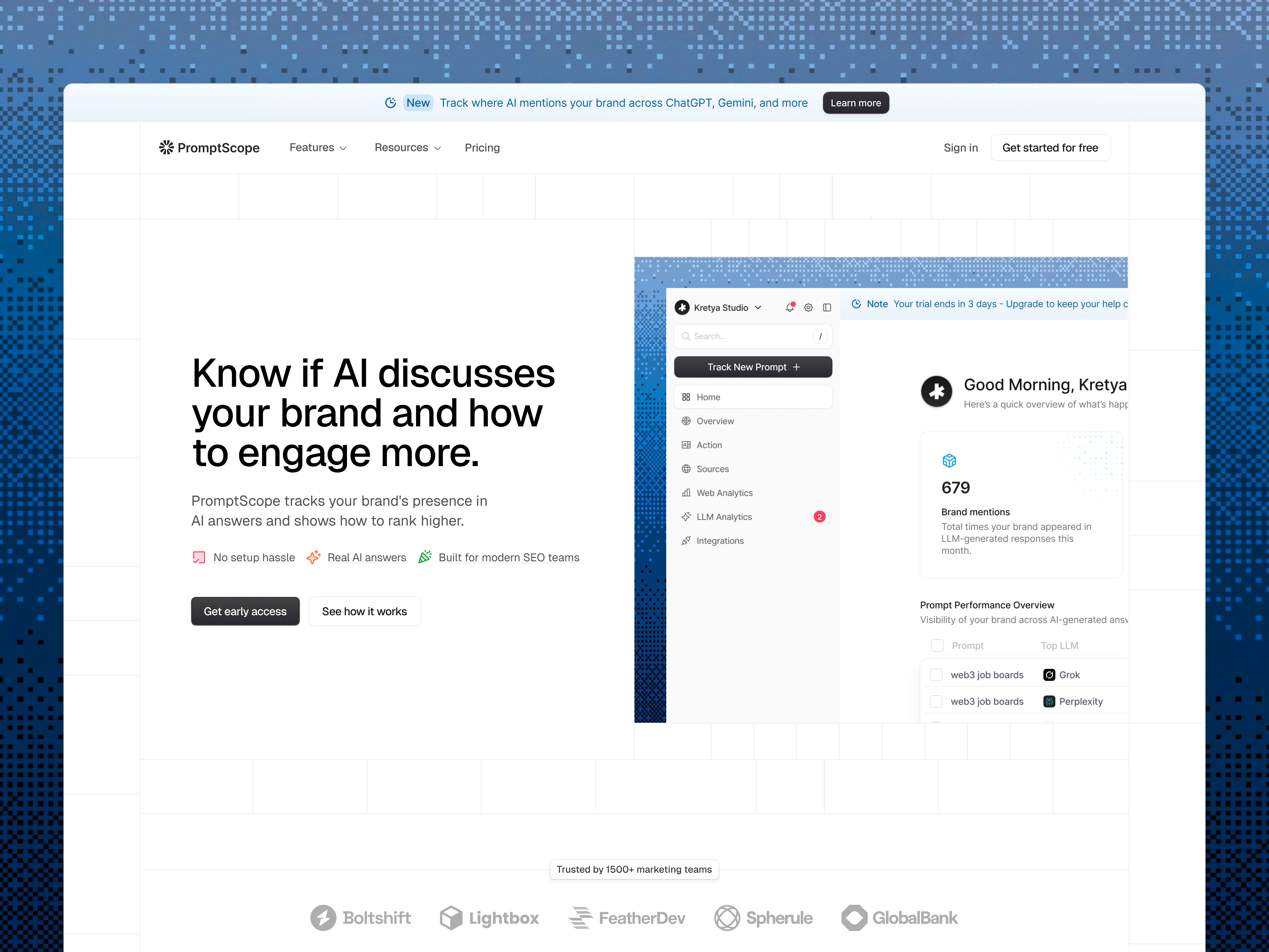 PromptScope, Landing Page ai tools artificial intelligence data visualization design growth tools marketing analytics platform design saas dashboard search analytics seo ui web design website
