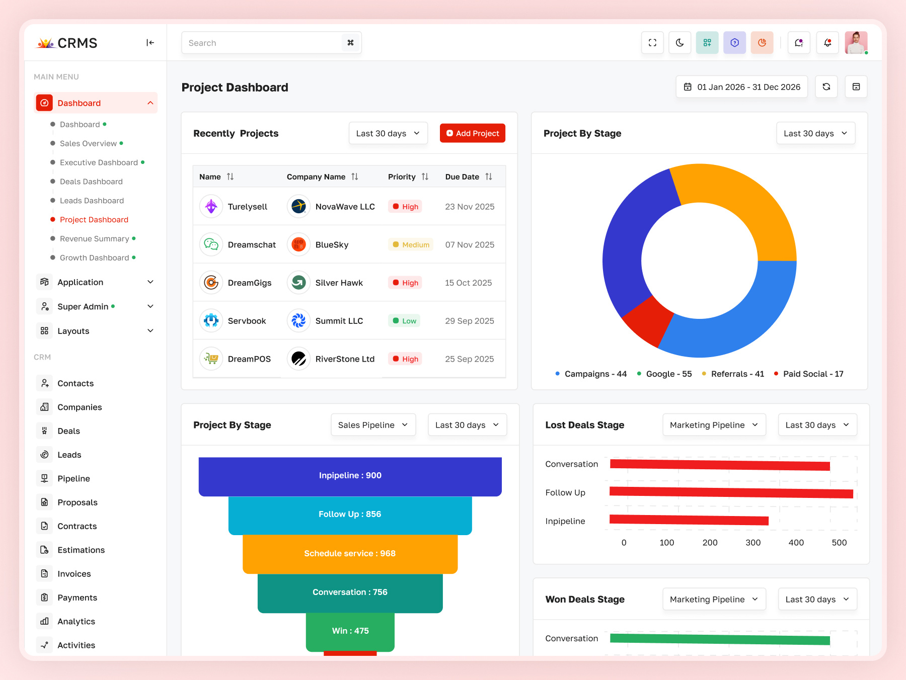 CRM Project Management Dashboard UI | CRMS admin dashboard admin panel ui analytics dashboard analytics ui business dashboard crm dashboard crm ui dashboard design dashboard ui data visualization product design project dashboard project management ui saas dashboard saas interface startup dashboard ui design ux design web app ui web dashboard