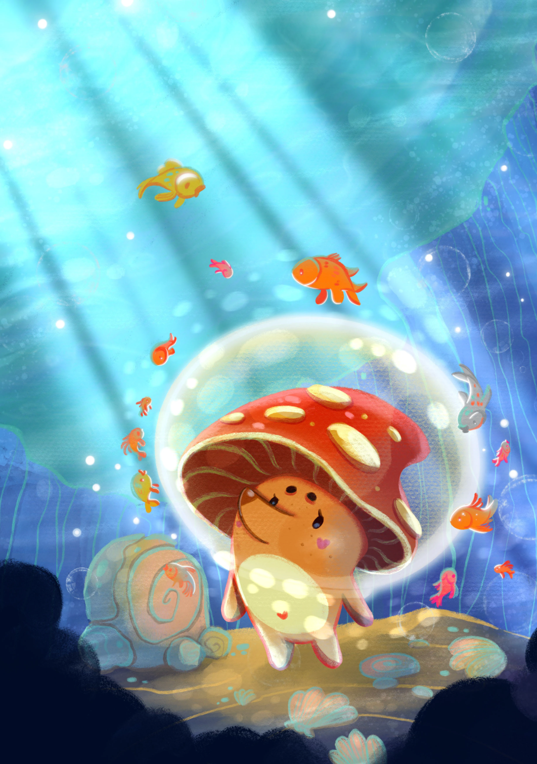 Mushroom Underwater sceen kid art illustration book illustration card game character design children illustration childrens book cover art game illustration kid art raster illustration
