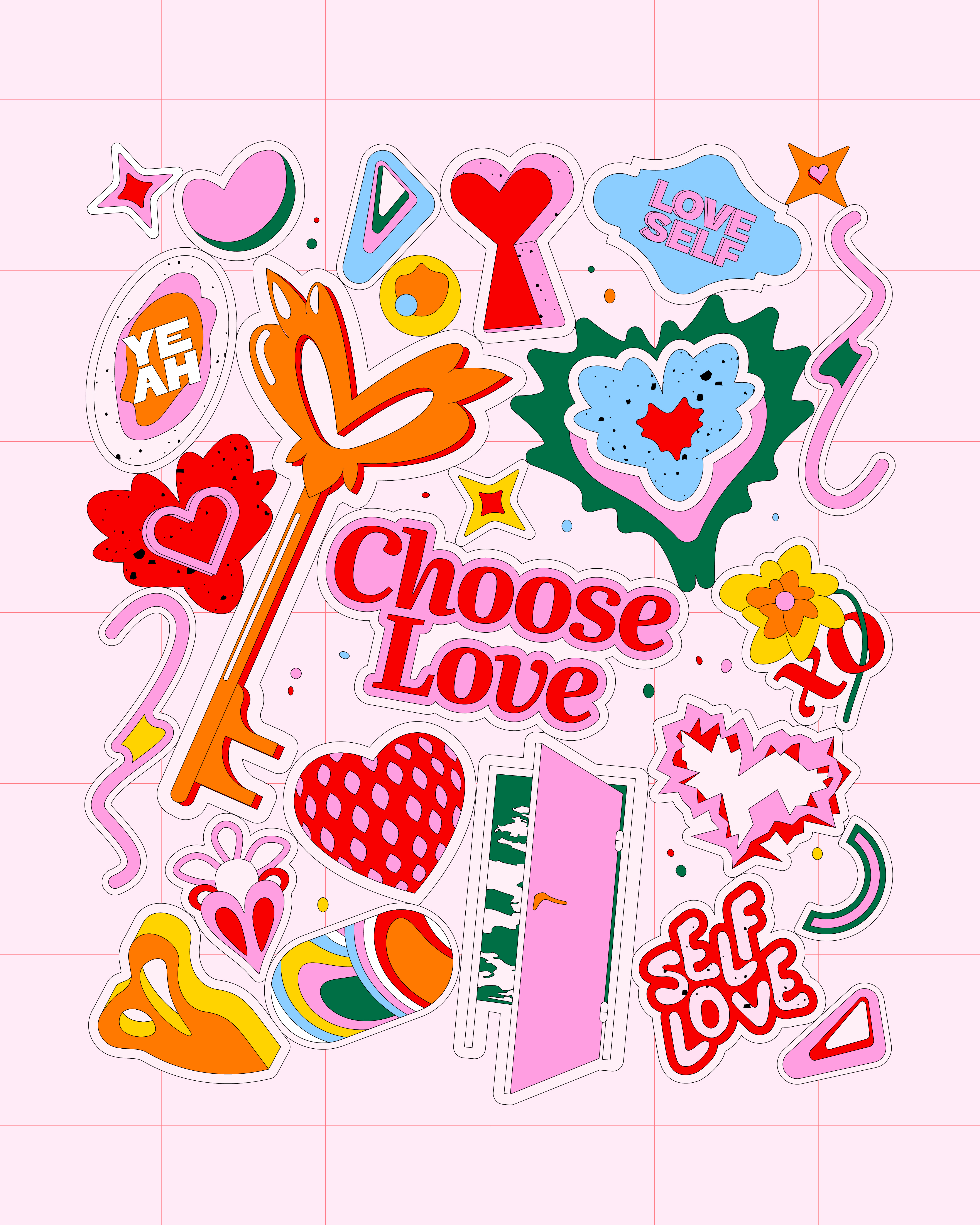 Love Stickers! brand branding color palette colorful colors design graphic design grid illustration love pink self love sticker sticker set stickers symbols valentines vector vector art vectorart