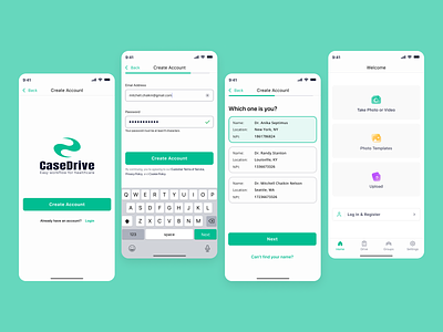 Case Drive: Register app design figma green healthcare login mobile register signup starting flow ui ux