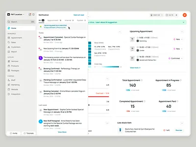 Schedulo — Notification Drawer in SaaS Booking Management ai appointment booking dashboard drawer marketing notification product design saas saas design services staff staff management ui ux web app web builder web design