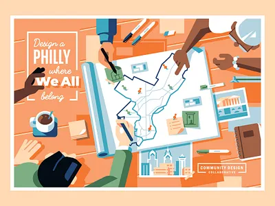 CDC - Design a Philly where we all belong character city collaboration design flat geometric illustration map notebook pen philadelphia plan work