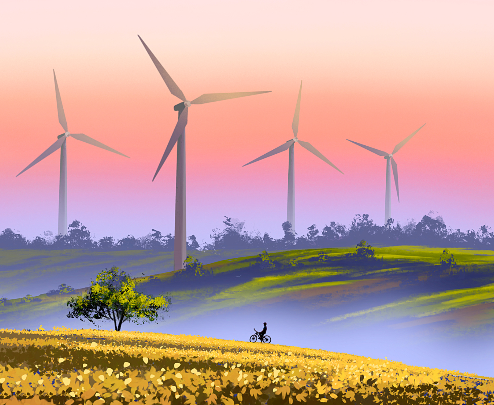 Cycling Through the Windmill Farm bike countryside illustration cycling digital illustration illustration landscape illustration nature nature illustration outdoor illustration travel illustration windmill