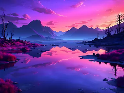 Lake colorful illustration lake landscape purple red sky reflections scenery scenic sunset sunset shimmer trees