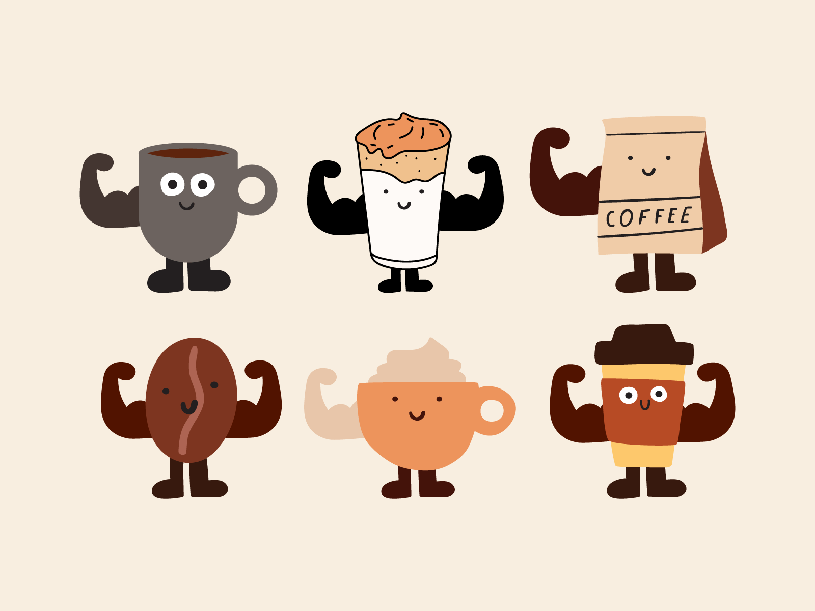 Strong coffee branding cafe character coffee cute design flat graphic design icon illustration logo mark protein strong symbol