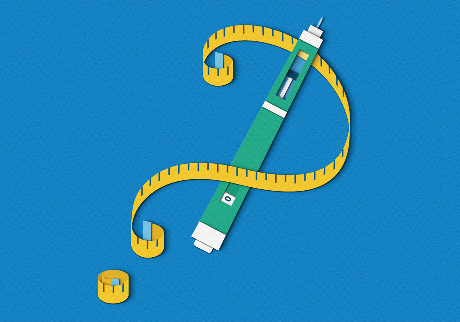 Pulse Magazine - GLP-1 Questions conceptual editorial glp 1 health healthcare illustration injection magazine medication mounjaro ozempic paper craft papercut question mark questions tape measure wegovy weight weight loss