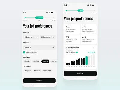 Remote Job Search iOS app ai branding charts clean design graphic design illustration light theme preferences product search startup ui ux