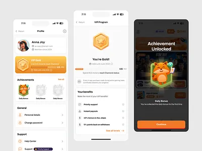 Play-To-Earn Profile Achievements VIP Badge UI Design achievements badges bonus dialog freelancer games gamification mascot mobile mobile games play to earn product design rewards ui ux vip