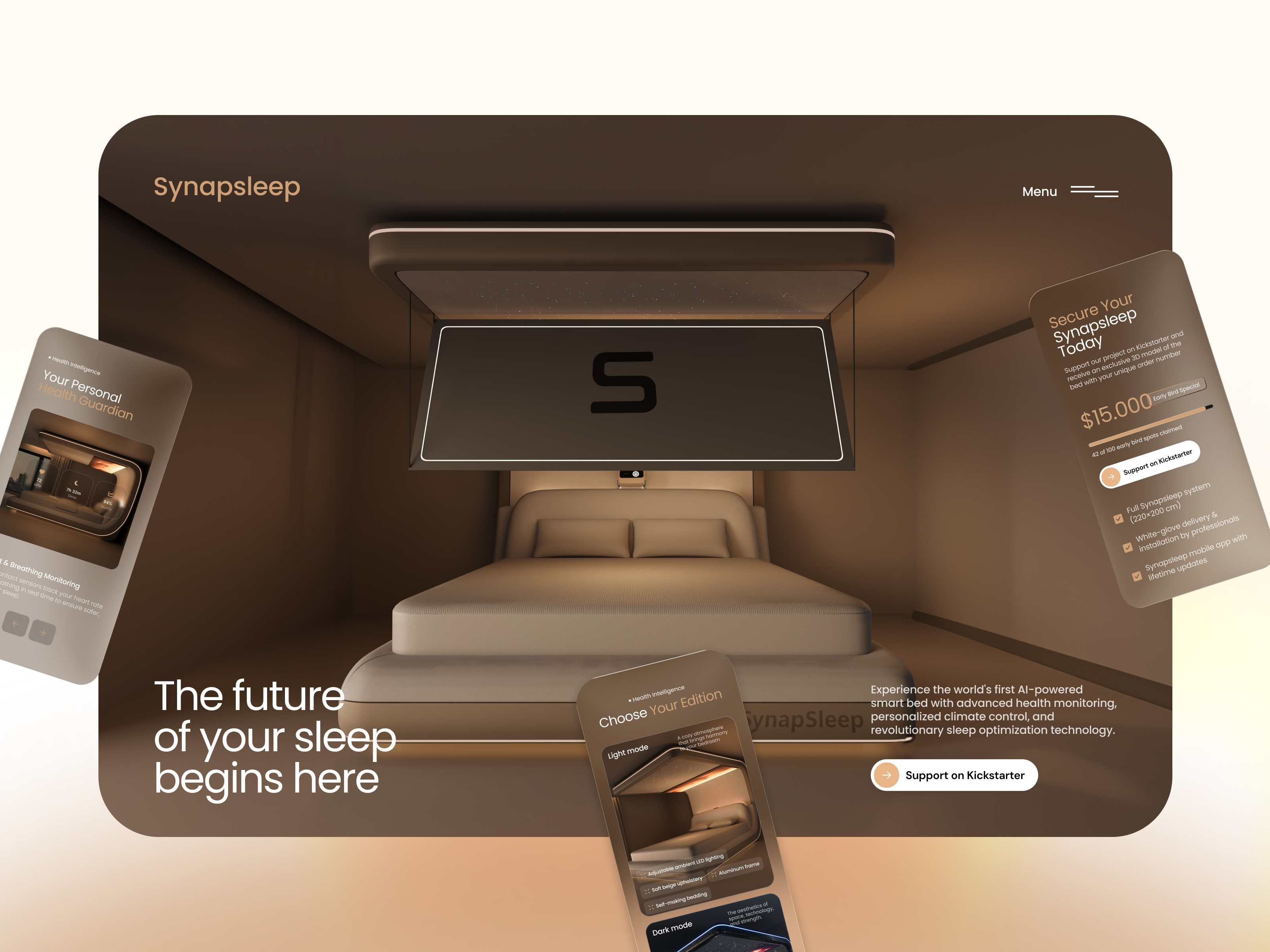Synapsleep | AI Smart Bed & Health Monitoring Landing Page ai b2b figma framer landing page redesign responsive design saas startup ui ux webdesign webflow website website design wordpress