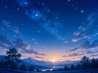 Starry Night clouds colorful forest illustration lake landscape reflections scenery scenic starry night stars trees
