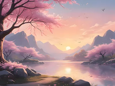 Cherry Blossom asian blossom cherry blossom illustration landscape pink purple reflections scenery scenic sunset trees