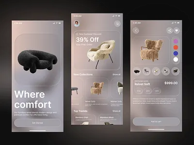 Luxury Furniture Shopping App app design ecommerce app figma design furniture app furniture ui glassmorphism home decor app interior design app luxury ui minimal ui mobile app mobile ui modern ui onboarding screen product design product details ui shopping app ui design ui inspiration ux design