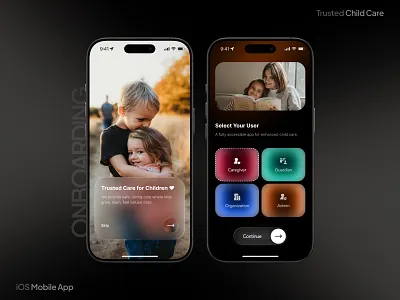 iOS App Onboarding — Childcare app design app onboarding app trend app ui care giver child child app child care day care design glass style ios app kid modern app