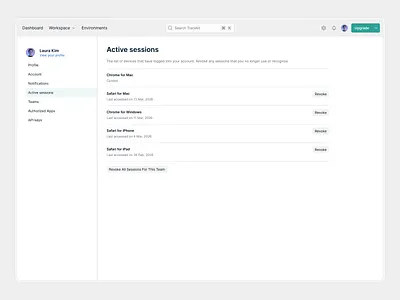 Tracekit - Dashboard Active Sessions access account activesessions branding button dashboard design header lightmode navigation security sessions settings sidebar ui ux webapp website