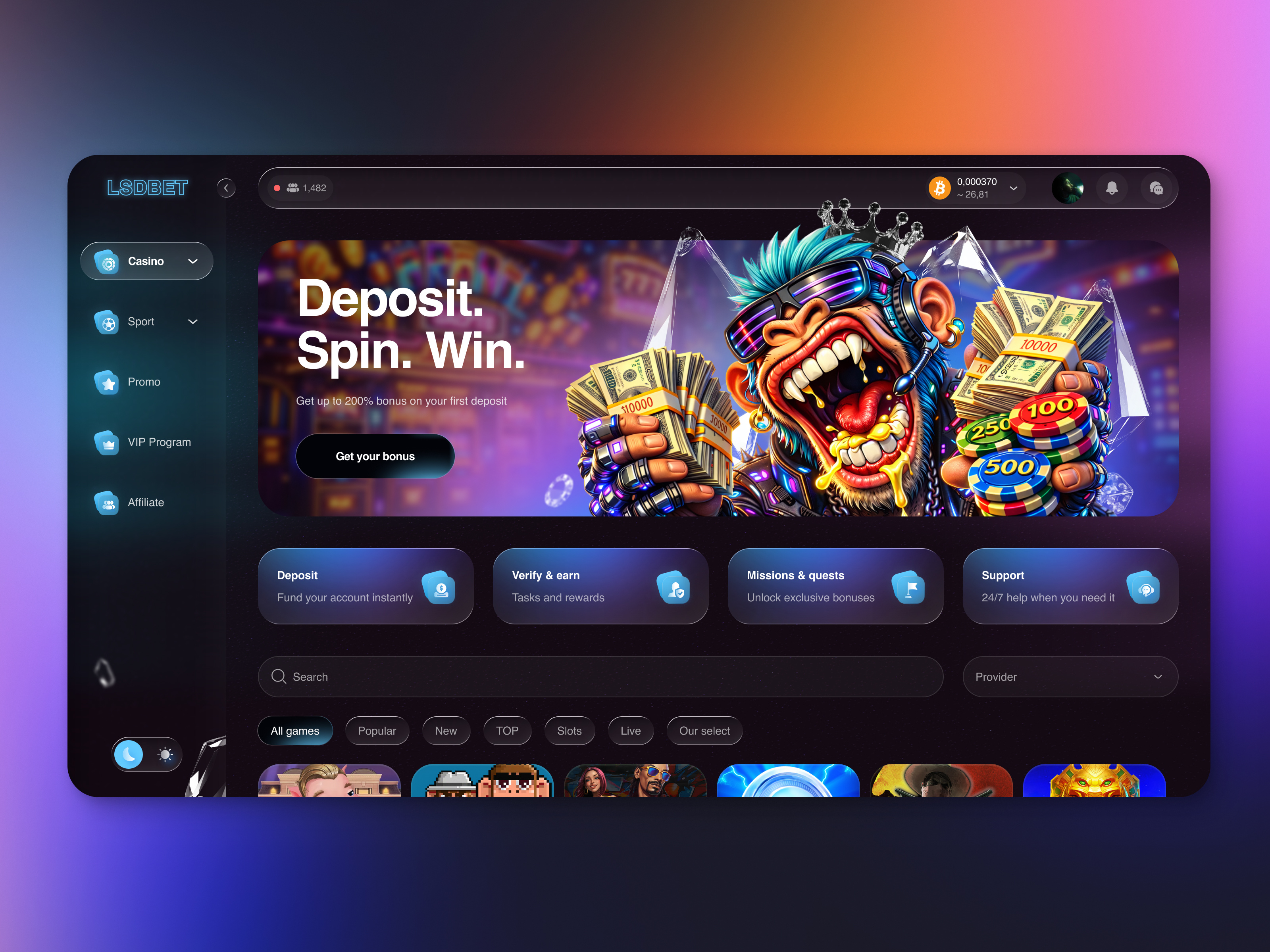Crypto Casino Dashboard UI Design blockchain casino crypto crypto casino crypto design cryptocurrency dashboard deposit gambling gaming meme meme coin meme token play to earn product design roobinium slots token web3