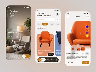 Modern Furniture Shopping App – Interior Design Mobile UI app design chair ecommerce app figma design furniture app home decor app interior design ios luxury furniture mobile app mobile ui onboarding online store product design shop shopping app ui design ux design