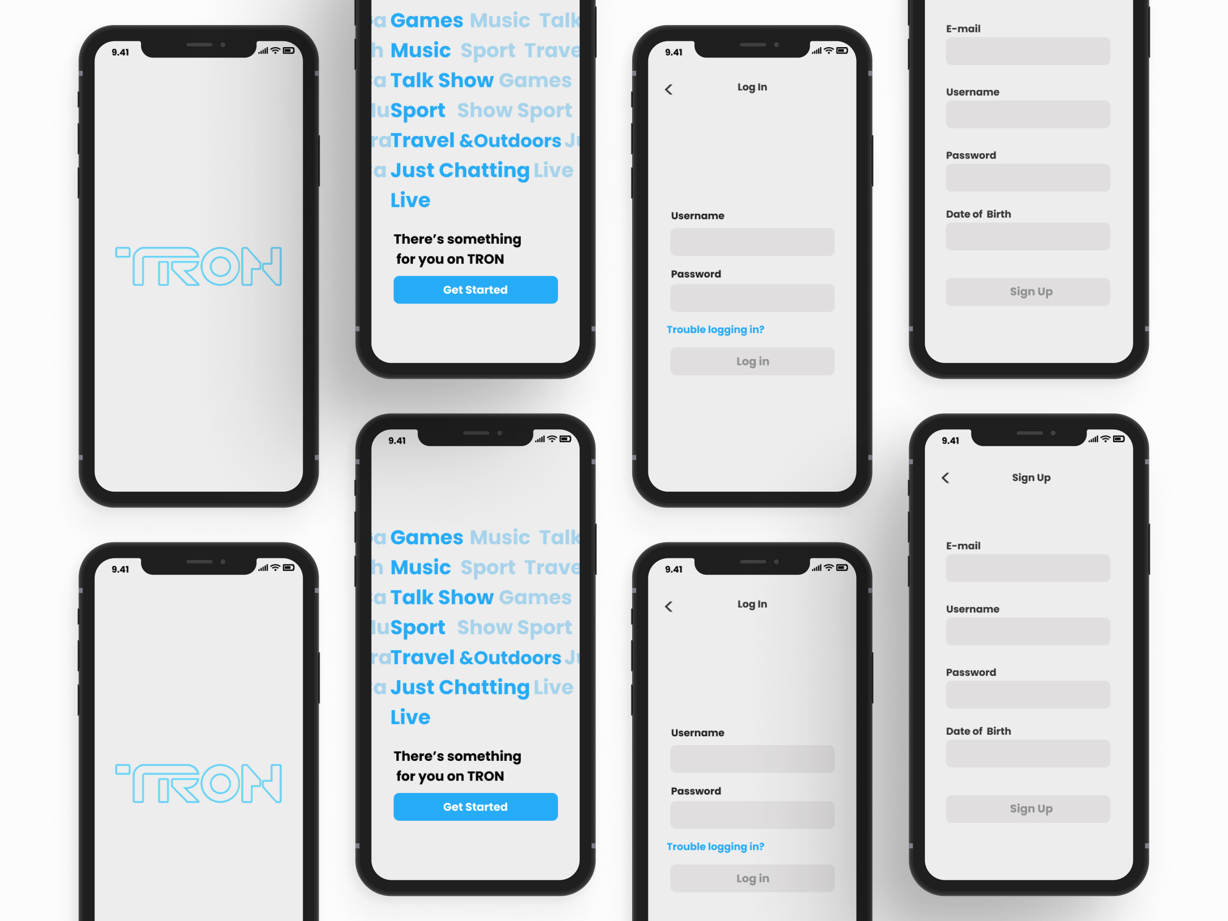 TRON Gaming Livestream Mobile App - 2022 figma gaming home page livestream app livestream ui login page mobile app mobile design profile page settings page signup page splash screen ui ui design welcome