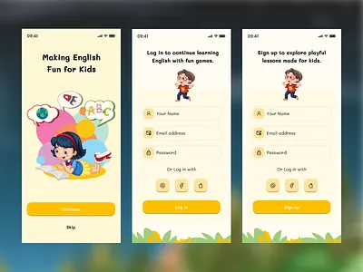 Kids Mobile App Log in And Sign up Flow animation branding children design educational app games graphic design il illustration ios kids kids learning app mobile app parentsapproved school ui ux