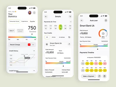 Banking & Credit Score Mobile App app design banking app banking ui credit monitoring credit score dashboard ui finance app finance dashboard financial analytics fintech fintech ui loan tracker mobile app mobile ui money management personal finance product design ui design ui inspiration