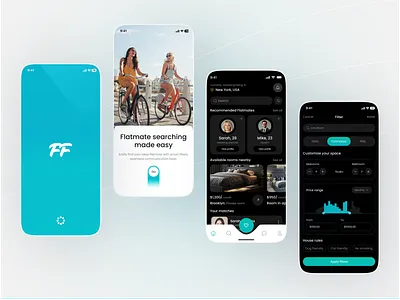 Smart Flatmate Finder – Dark & Light Mobile UI app ui design clean ui dark mode ui flatmate finder ios app design mobile app design mobile ui modern ui design product design product designer proptech app real estate app room rental app roommate app saas product startup design tech startup ui ux design us startup web