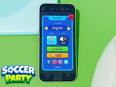 Soccer Party Settings Screen app app design buttons design game interface logo mobile mobile game screen settings soccer sports ui ui design ux