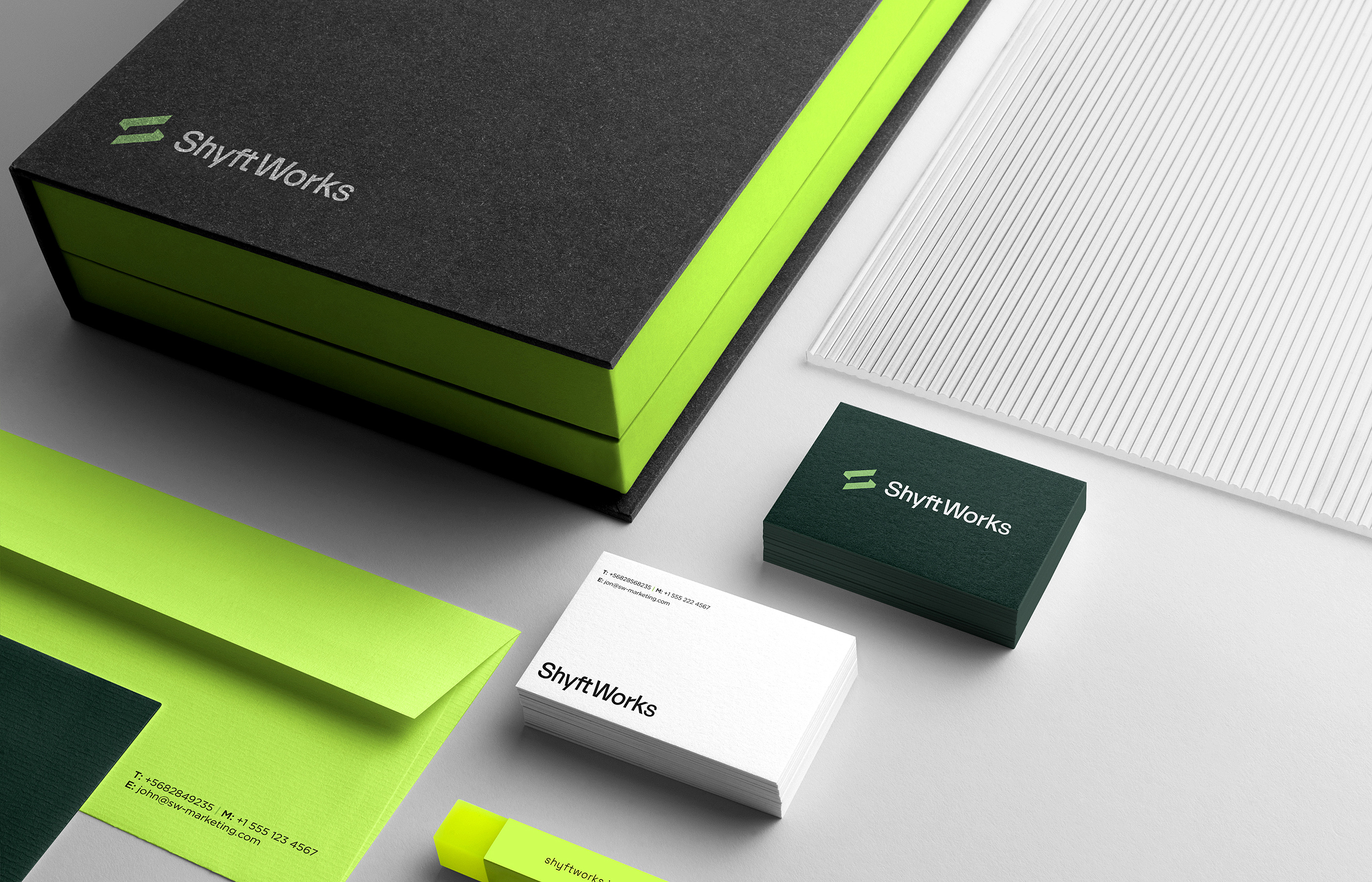 ShyftWorks - Co-Working Space Brand Identity brand identity brand identity design branding branding agency co working space co working space brand identity entrepreneur green light green dark green logo minimal logo modern logo office branding presentation remote work branding s logo startup hub