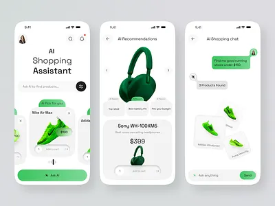 AI Shopping Assistant – eCommerce Mobile UI ai app ai assistant ai chat ai ecommerce ai marketplace ai shopping ai ui app app ui design chat ui ecommerce app marketplace app mobile app design mobile ui modern ui product design product ui shopping app store app ui ux design