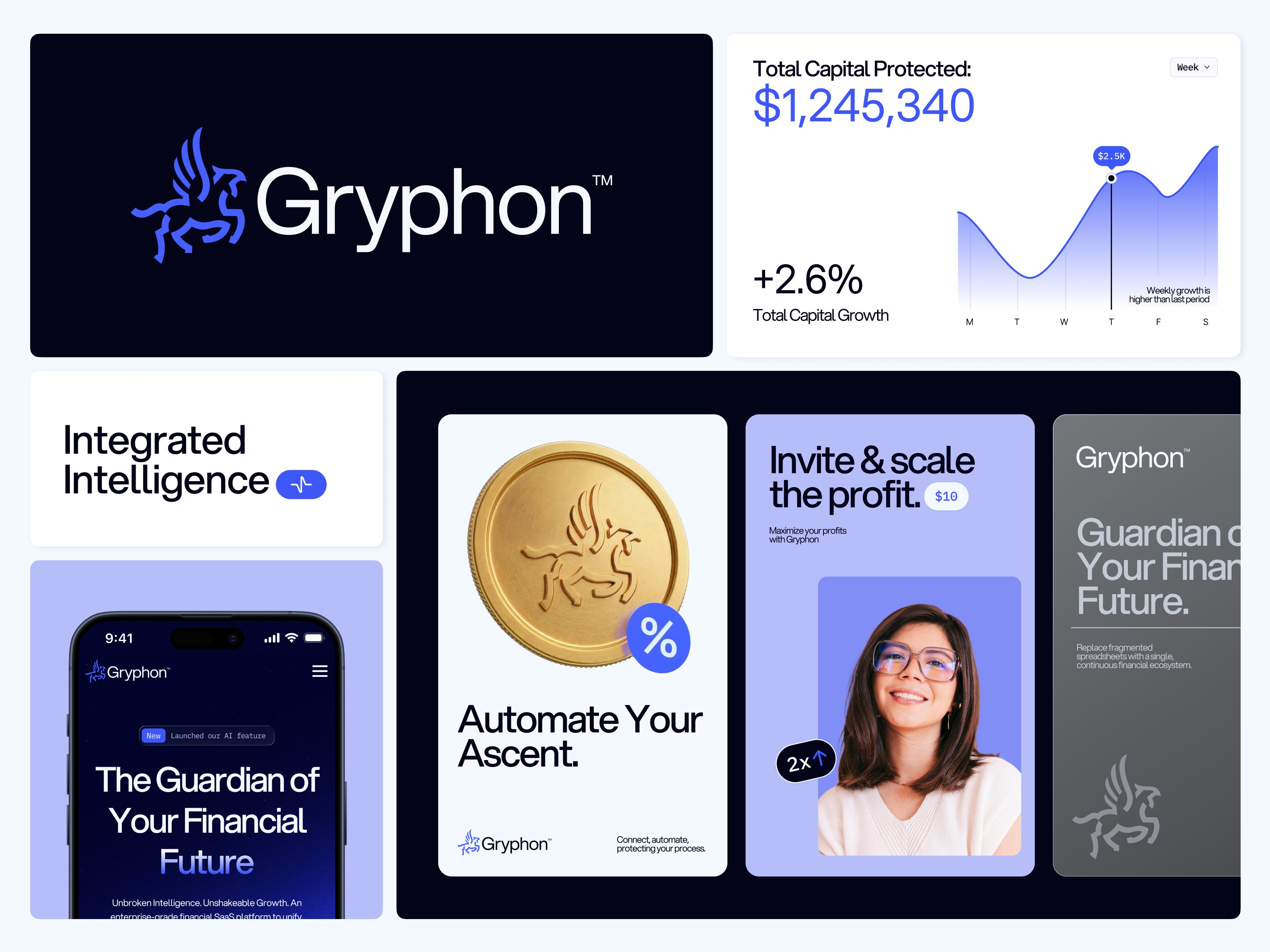 Gryphon™ — Financial SaaS Brand Identity 🦅 3d brand identity branding branding design corporate branding financial services fintech graphic design gryphon logo logo design minimalist logo modern branding motion graphics saas logo tech logo ui visual identity