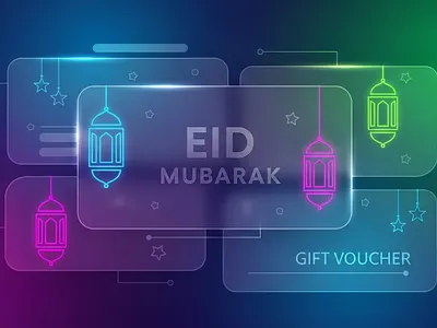 Futuristic Eid Voucher Design | Neon Glassmorphism Style 3d depth app design. creative voucher digital gift card digital greeting dribbble shot eid mubarak digital eid voucher futuristic design glassmorphism glow effect modern islamic art neon aesthetic neon design pinterest viral purple gradient tech branding trending design uiux style web3 design