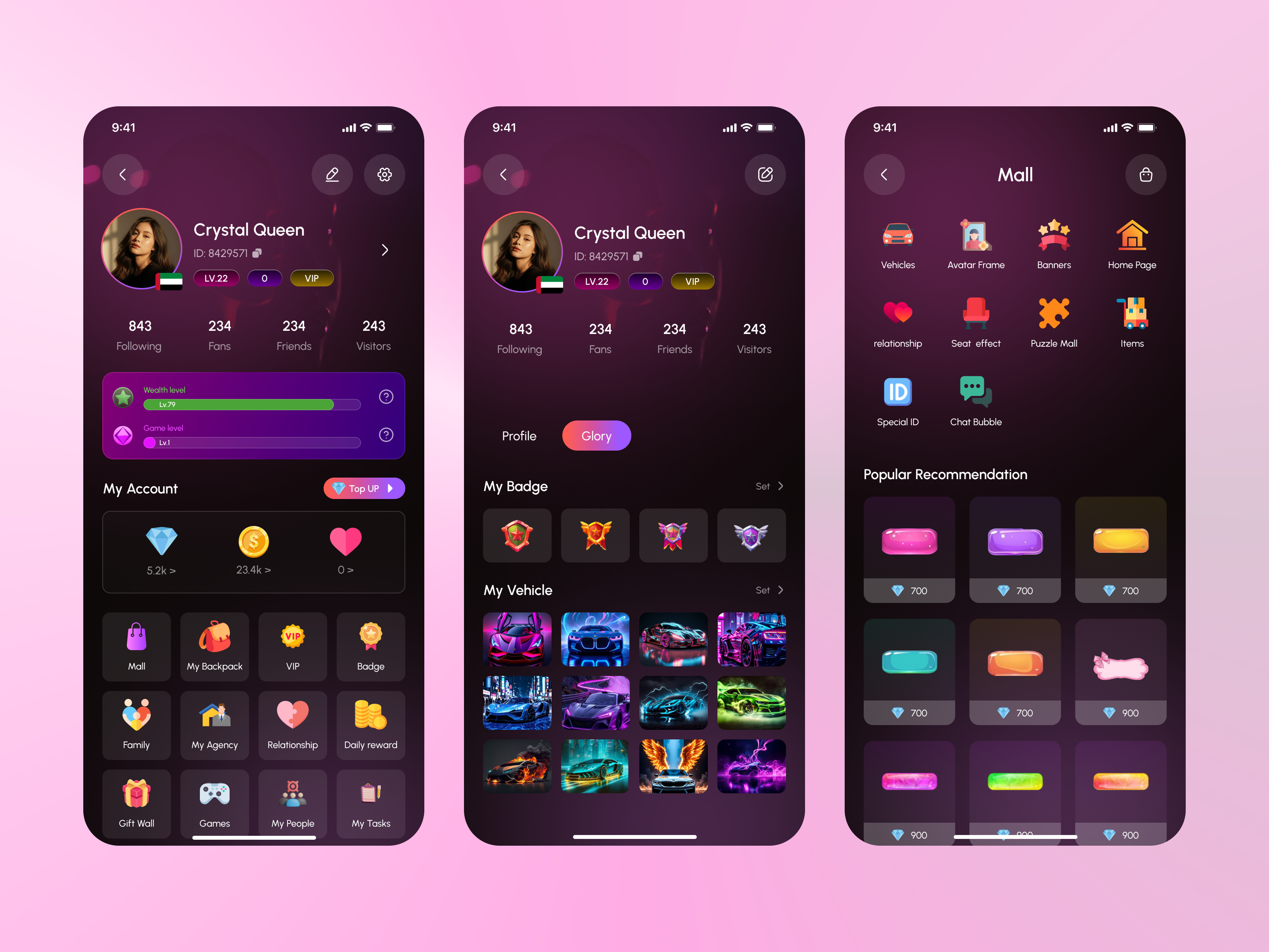 Live Streaming App – Profile, Badge & Mall app dashboard app design chat dark ui dating app gamification ios live app live streaming mobile party app profile page profile ui social media social media app social network streaming trend user profile