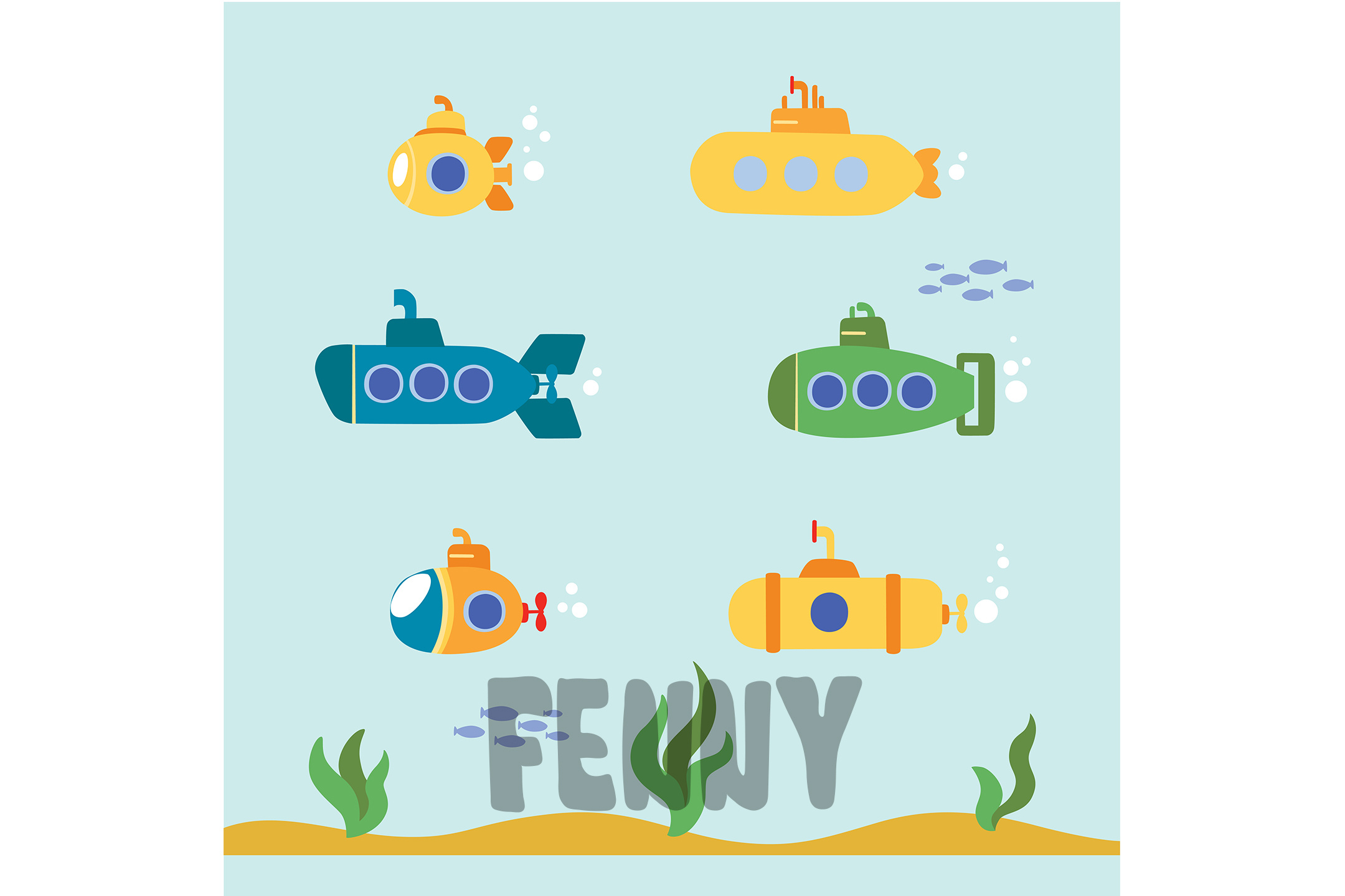 Colorful Underwater Scenery with Various Submarines