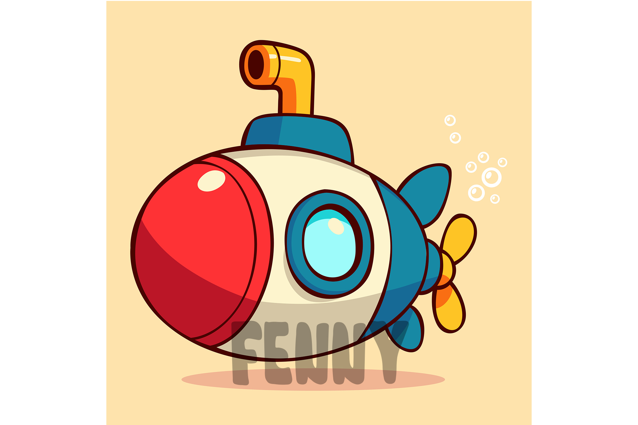 Cartoon Submarine with Red and White Body