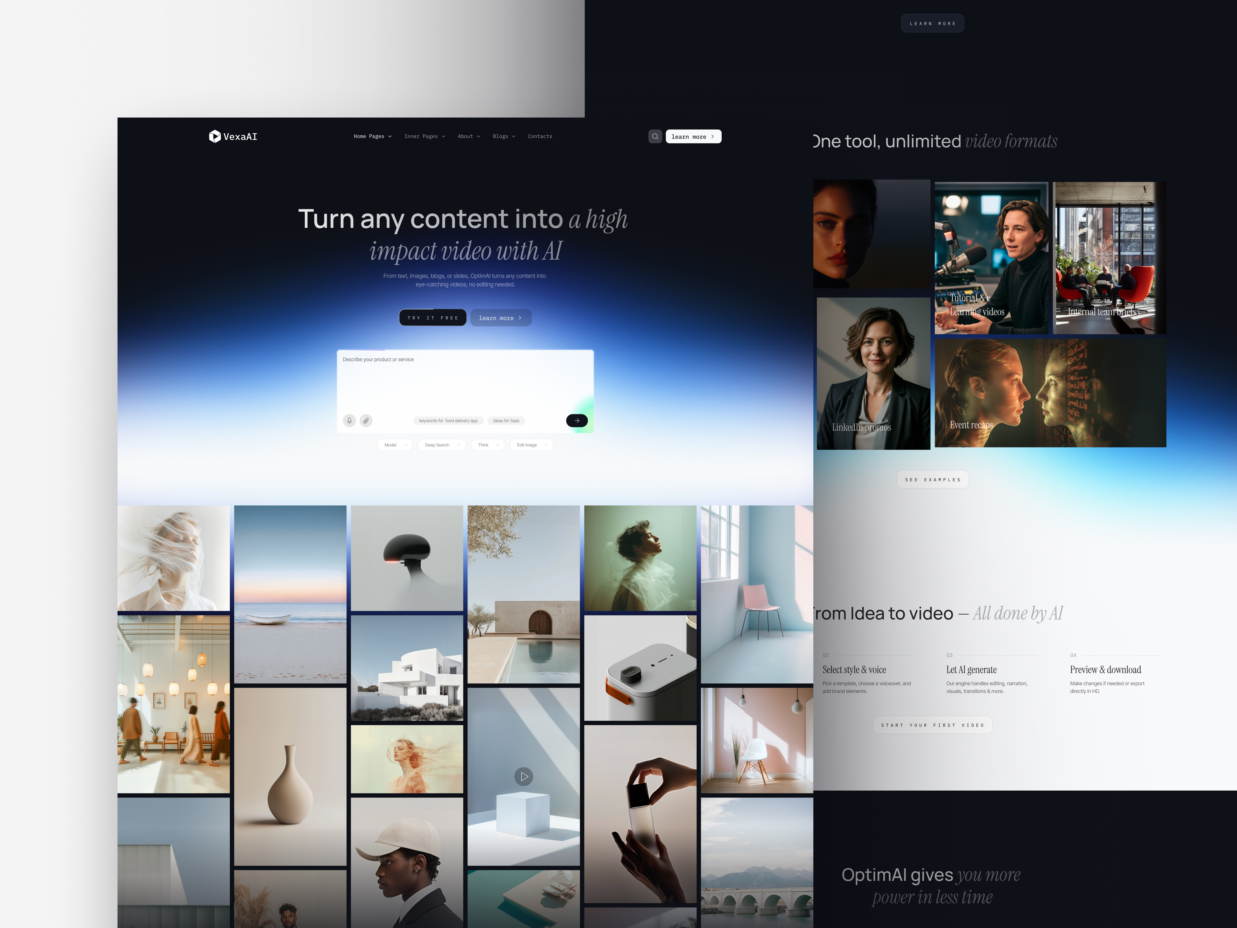 VexaAI – AI Video Generation Landing Page ai video cinema ui daily ui dark ui figma generative ai landing page minimalism product design saas tech ui user interface ux vexaai video generator video production visual design web design