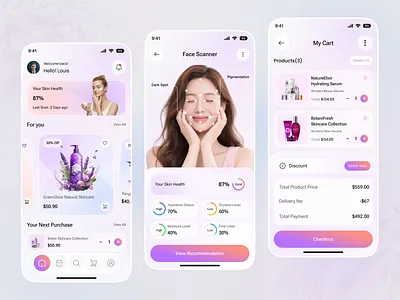 AI Skincare Shopping Mobile App UI | Beauty E-commerce Design ai beauty app ai powered app ai skincare beauty app beauty ecommerce beauty product app clean ui ecommerce app figma design minimal design mobile app mobile app design mobile app ui mobile ui design modern ui product design shopping app skincare app skincare shopping uiux design
