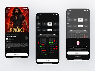 Movie Ticket booking App UI appdesign bookingapp cinemaapp cinematicket darkui designinspiration dribbbleui figmadesign interfacedesign mobileappdesign mobileui movieapp movietheater movieticket productdesign ticketbooking uidesign uiux userinterface uxdesign
