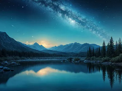 Starry Night illustration lake landscape night reflections scenery scenic serene starry sky stars trees
