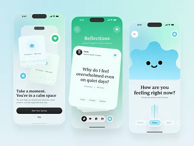 Mental Health Reflection & Mood Tracking Mobile App UI app emotion tracking health app healthcare ios mental health mindfulness mobile app mood tracker self care app ui web wellness wellness app