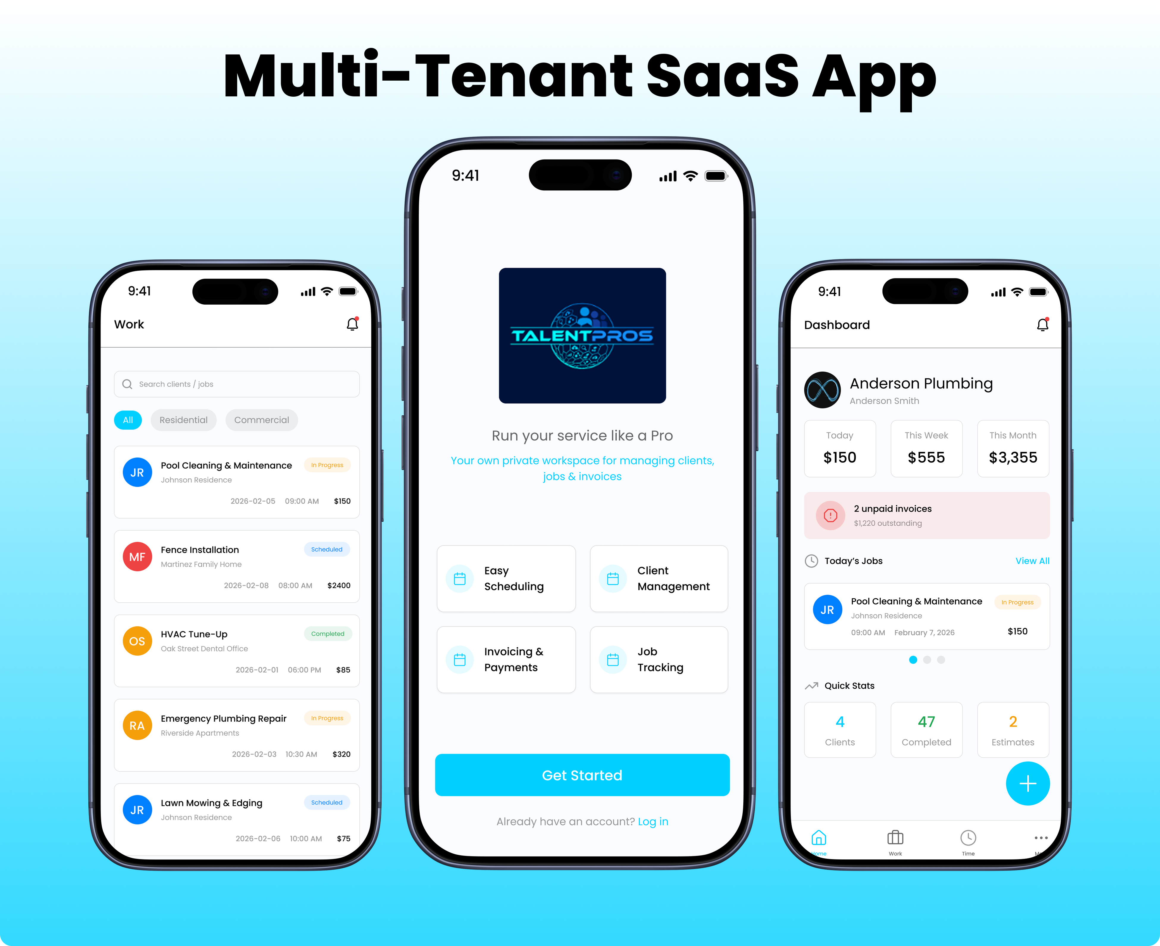Multi-Tenant SaaS Work Management App for Service Businesses client management construction app estimates app field service app handyman app invoice app job management minimalist ui mobile app design mobile saas ui multi tenant saas plumber app pool cleaner app productivity app saas app scheduling app service business app team management app ui ux design workflow management