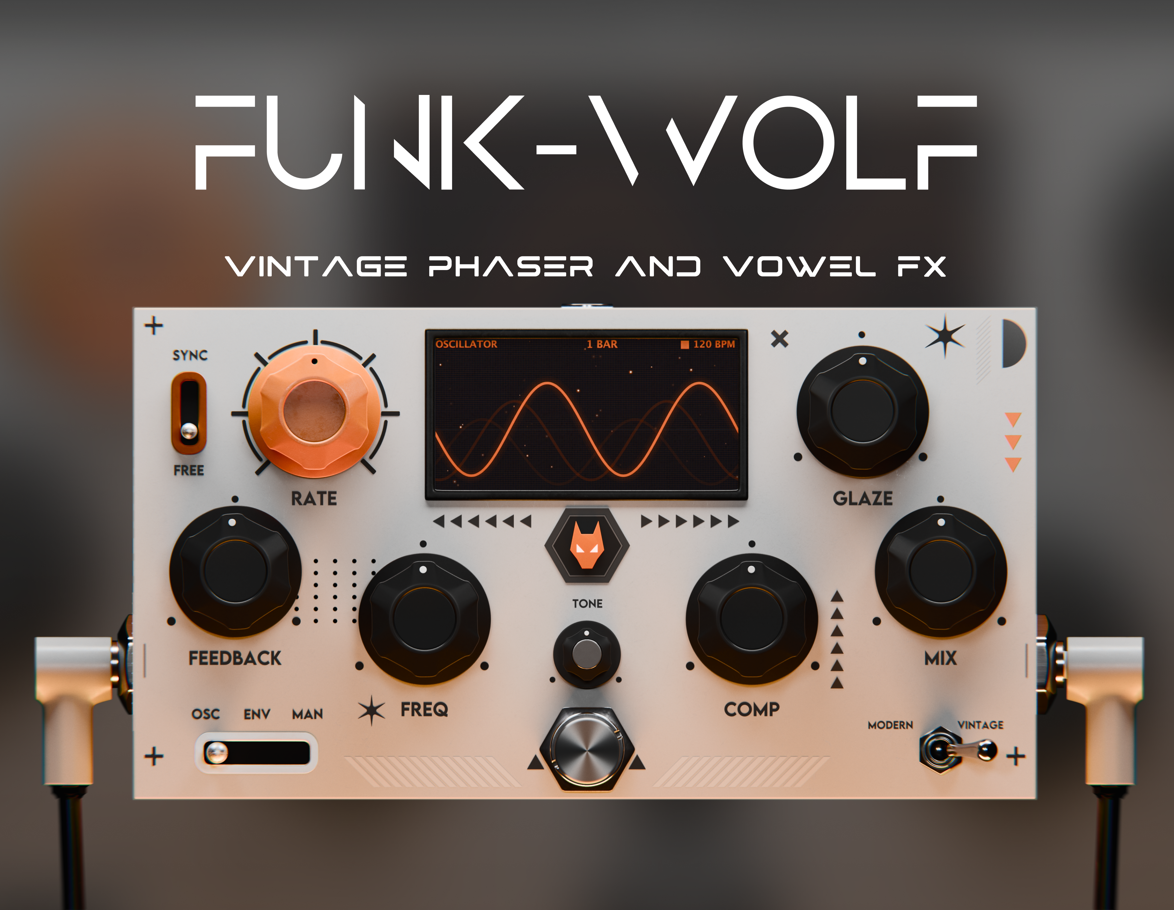 "FUNK WOLF" VST VINTAGE PHASER GUI DESIGN 3d 3d modeling au plugin branding design graphic design music music tech musicproduction ui vst