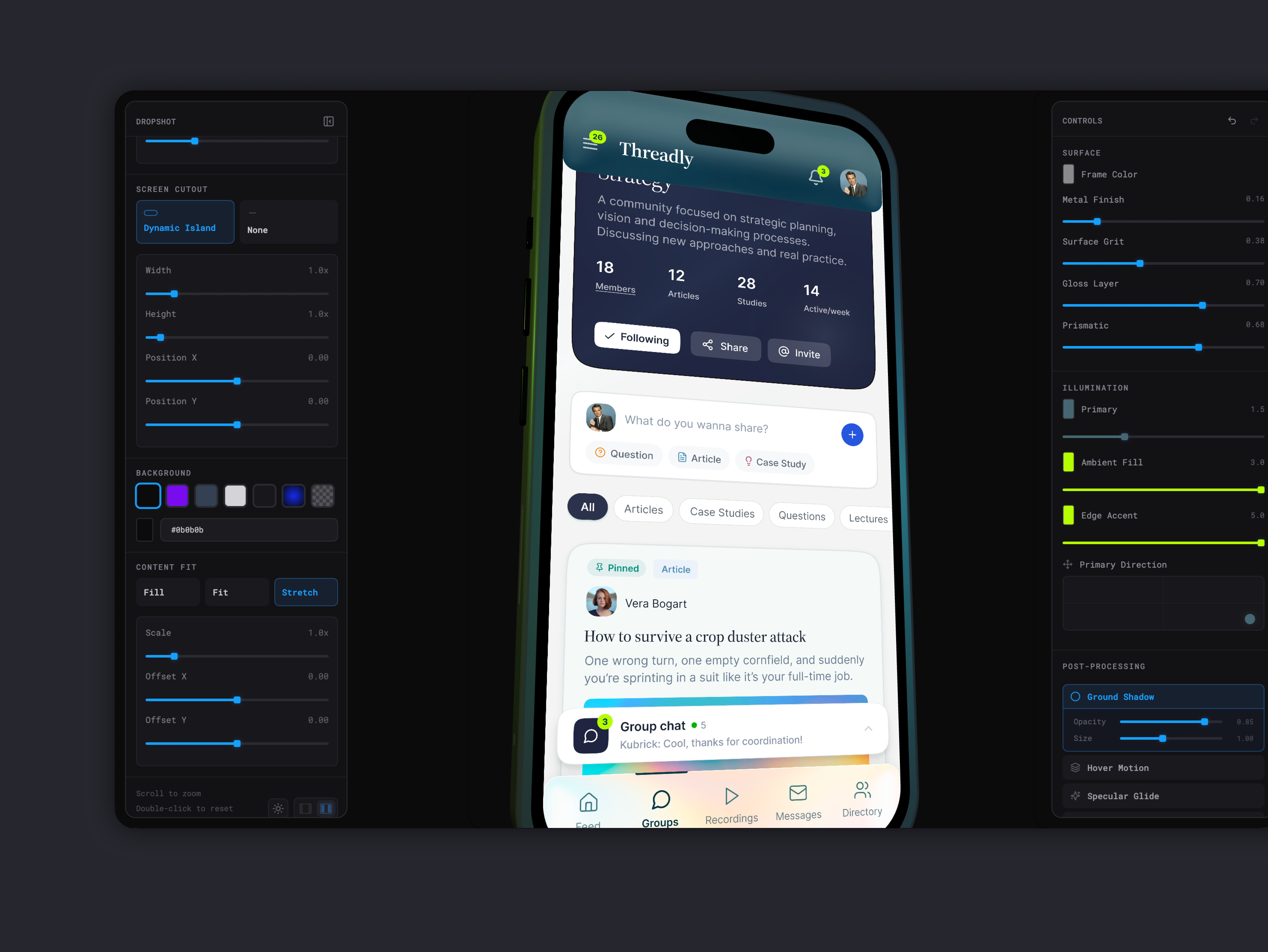 Dropshot - 3D mockup tool 3d ai animation app dakr ui dark device ios iphone mobile mockup motion design motion graphics selector slider tool ui ux