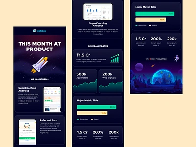 Email Designs For Monthly Updates analytics app chart dark dark ui dashborad design emailer gradient graph illustration landing mailer space stats