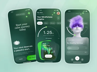 Mindfulness & Meditation App Design 3d illustration ui app design breathing breathing exercises dark mode ui fitness tracker glassmorphism healthcare app meditation meditation app mental health app mental wellness mindfulness guide minimalist design mobile app ui product design user experience user interface wellness dashboard