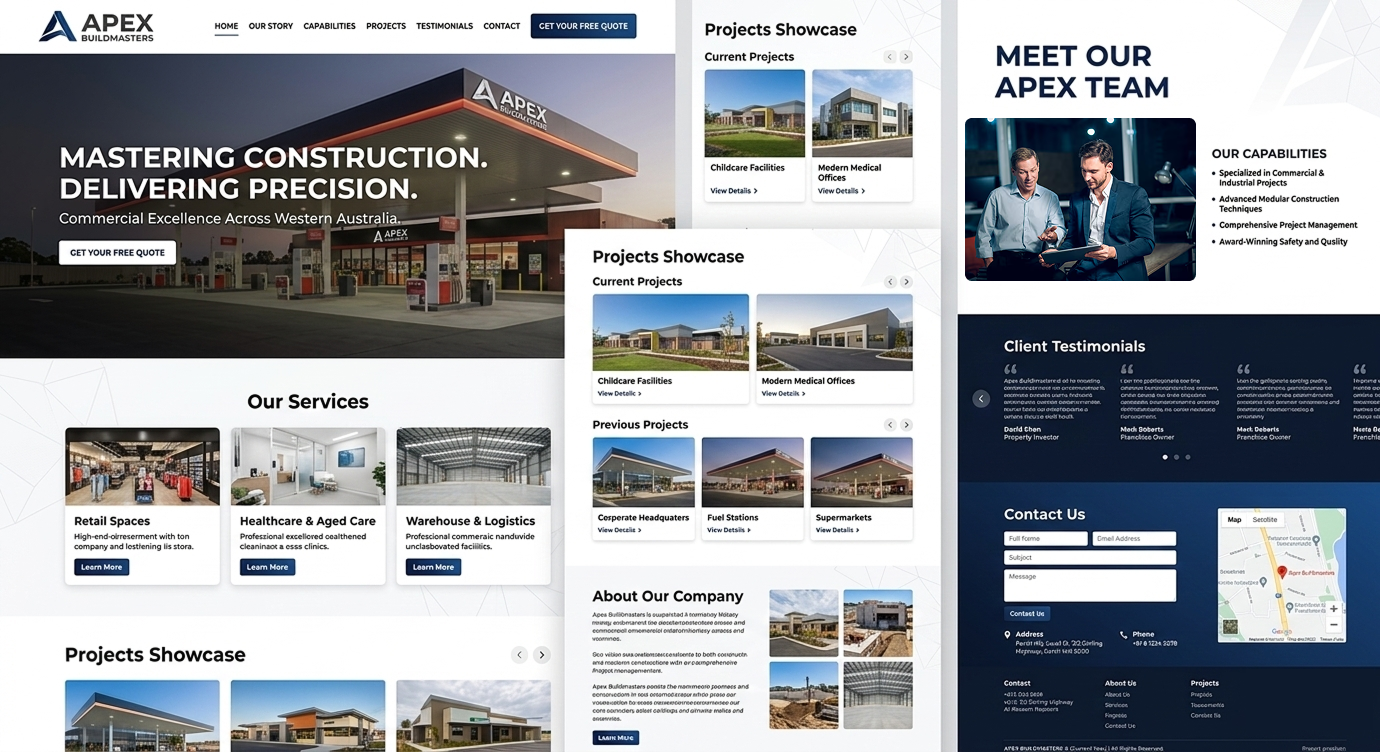 Apex Buildmasters Construction Landing Page architecture build business commercial construction corporate digital design industrial interface landing page layout modern ui portfolio real estate tech ui user experience ux visual design web design
