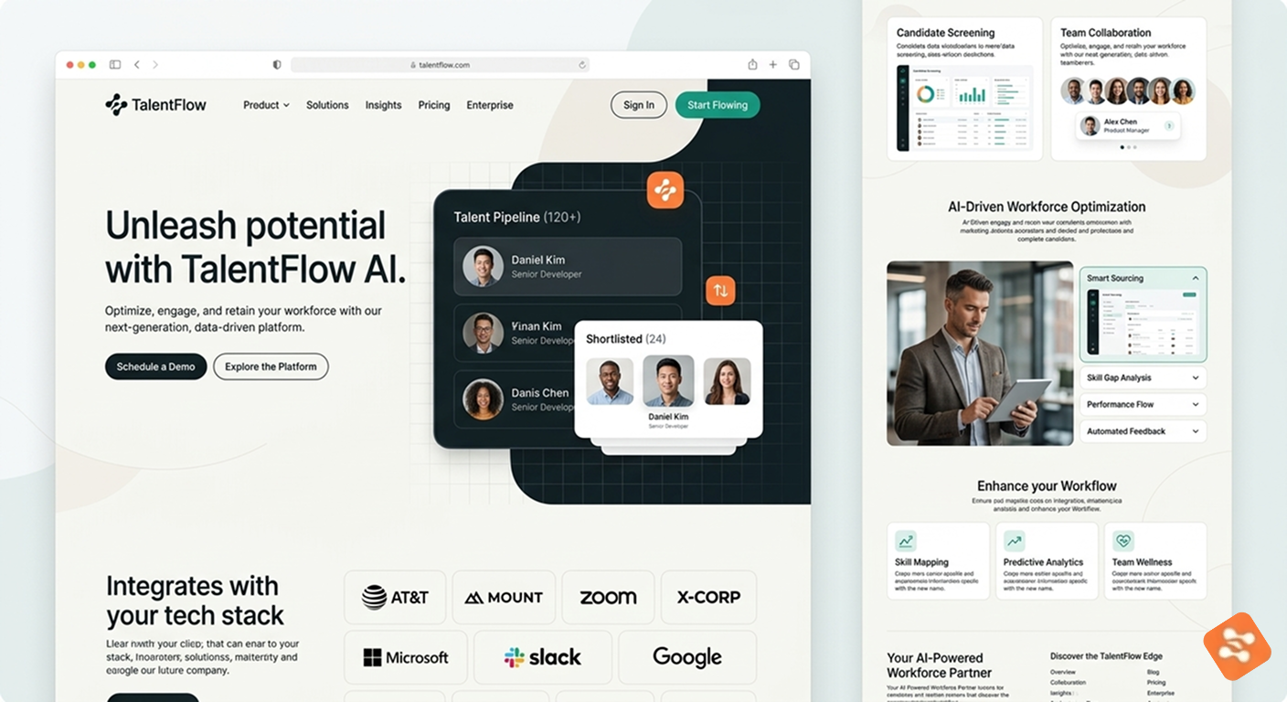 TalentFlow AI Workforce Platform Landing Page ai corporate dashboard digital design enterprise hr tech interface landing page layout modern ui portfolio product design recruitment saas tech ui user experience ux visual design web design