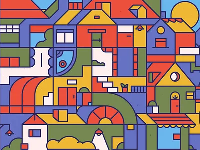 Happy Little Town boat city colorful farm field flat happy illustration minimal nature perspective plants port sea suburb sunny town tree vector