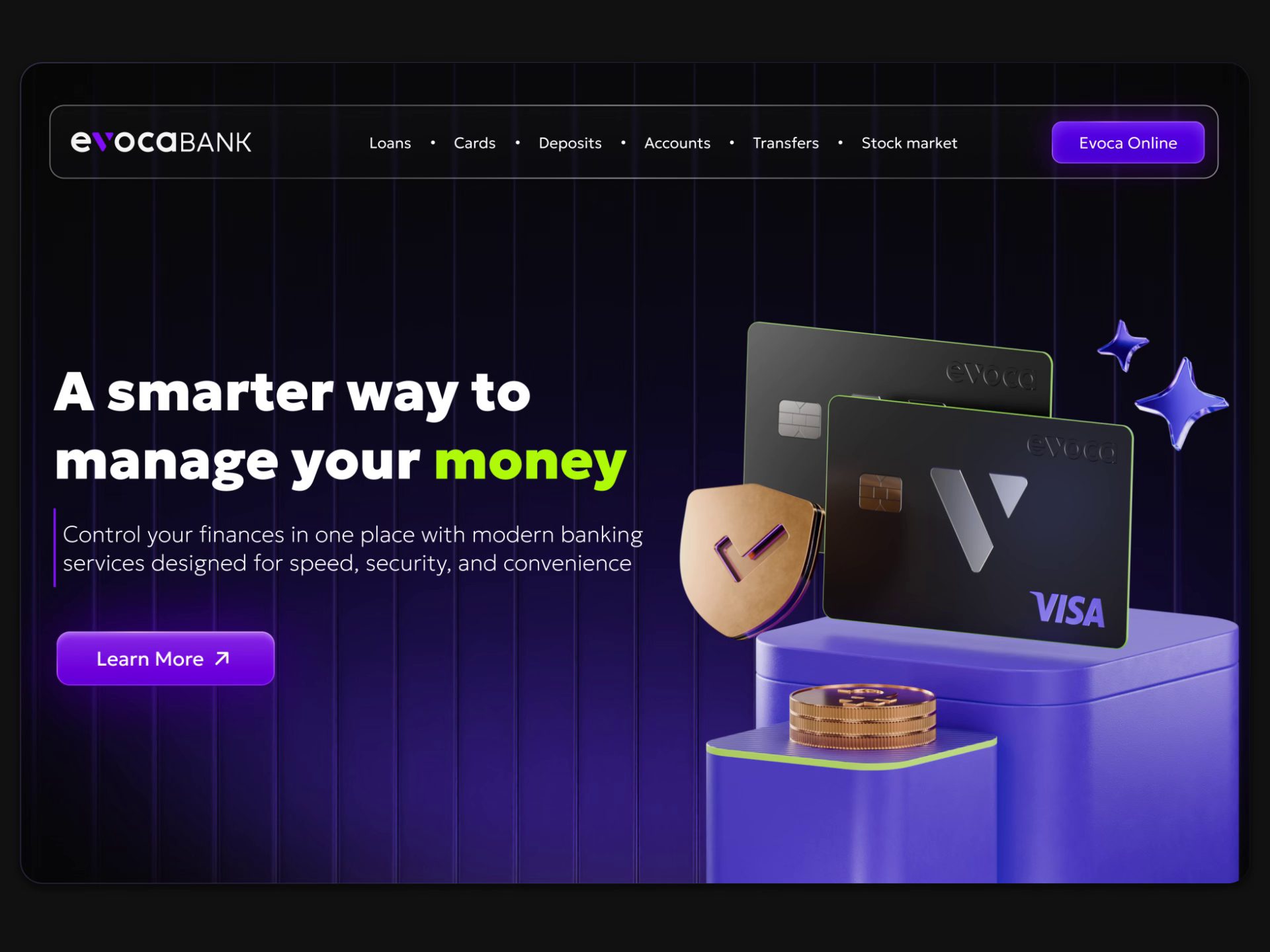 Hero page for a bank website with 3d animation