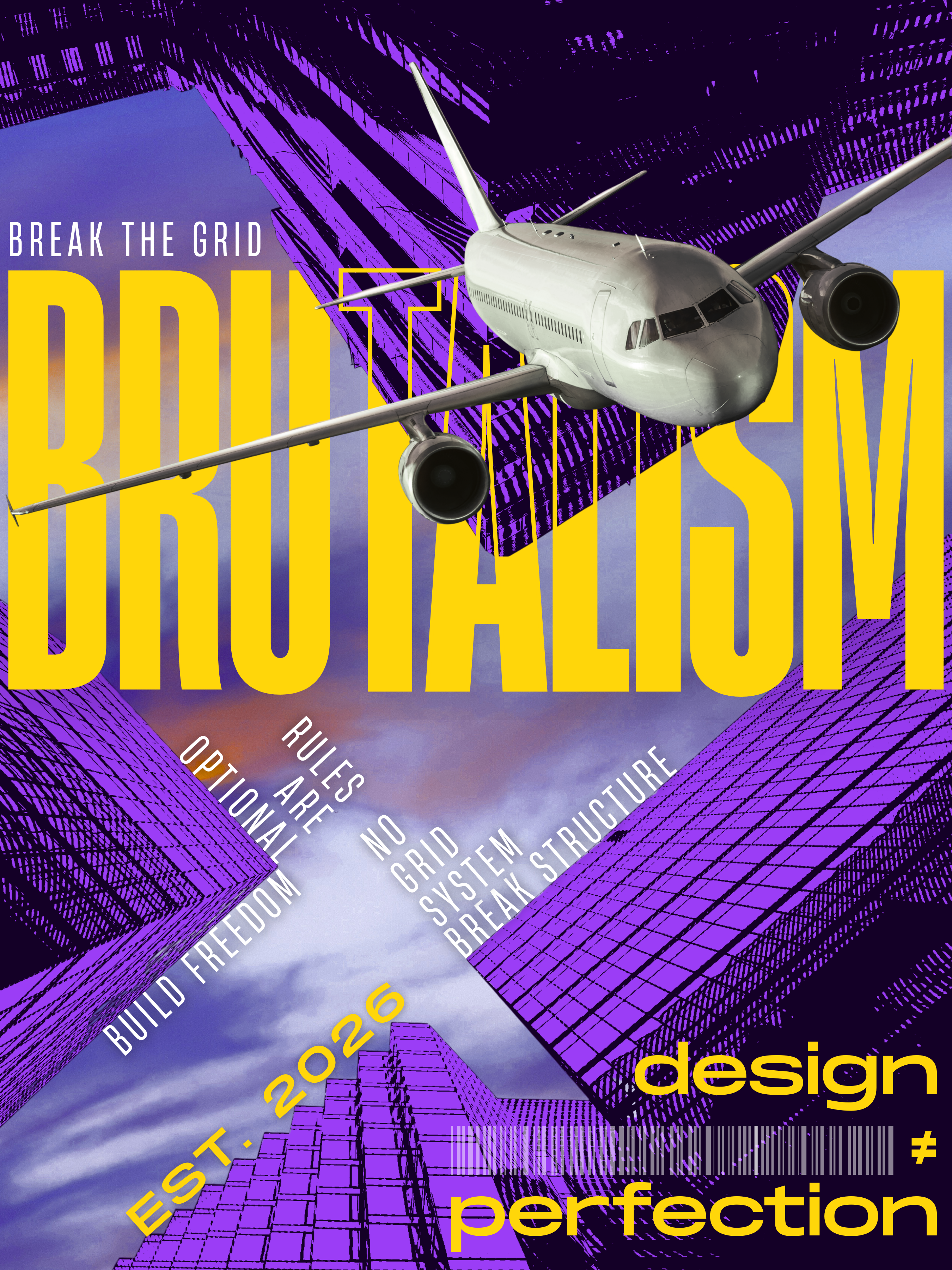 Brutalism Poster brutalism grid no grid system plane poster typography ui violet yellow