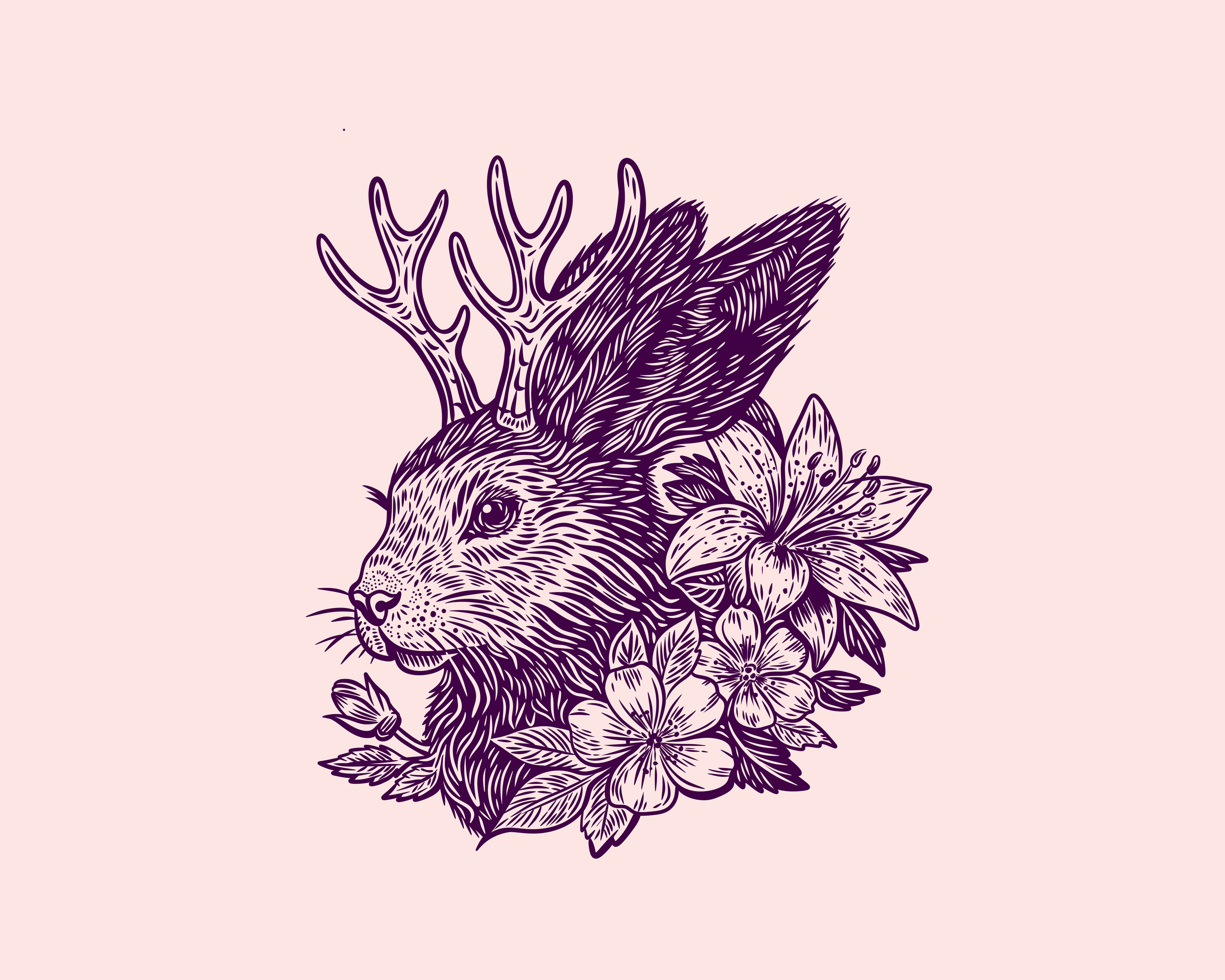 Jackalope Lino Cut Illustration antlers bunny carved carving drawing engraving etching flowers hand drawn illustration illustrator jackalope lino lino cut rabbit tattoo